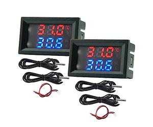 2 Piece Measurement 4~30V Direct Power Supply Red Silver Blue Dual Display Digital Thermometer With Waterproof Metal Sensor Temperature Sensor