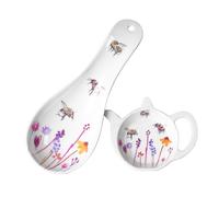 2 Piece Melamine Plastic Teabag Tidy and Spoon Rest Set - Bumble Bee Floral Pattern