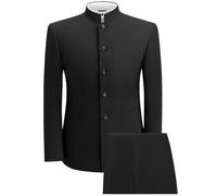 2 Piece Men's Chinese Suit Chinese Stand Collar Slim Fit Suits Front Button Blazer Pant Set, Black, XXL