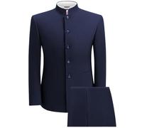 2 Piece Men's Chinese Suit Chinese Stand Collar Slim Fit Suits Front Button Blazer Pant Set,Navy-2XL