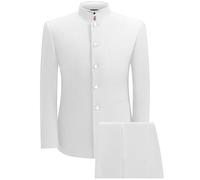 2 Piece Men's Chinese Suit Chinese Stand Collar Slim Fit Suits Front Button Blazer Pant Set, White, XXL