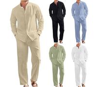 2 Piece Men's Cotton Linen Suit Clearance, Summer Plain Leisure Sets, Long Sleeve Button-Up Beach Shirt and Trousers Set Stand-up Collar Shirts Straight Leg Pants Outfits Vacation Wedding Work Suits