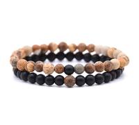 2-Piece Men's Natural Stone Bead Bracelet Set, 4mm Tiger Eye Fossil Howlite Lava Meditation Bangles