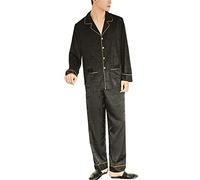 2-Piece Mens Silk Satin Pajamas Long Sleeve Loungewear Sleepwear Button-Down Pajamas Set Pj Set,Black,XL