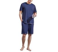 2-Piece Mens Sleepwear Casual Elasticity Modal Pajamas Set Short Sleeve Shorts Crew Neck Pj Set,Navy Blue,XL