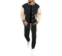 2 Piece Mens Tracksuit Sets Patchwork Color Block Baseball Uniform Zip Button Down Jacket And Joggers Large Size Mens Tracksuit Set With Pockets Warm Casual Sports Activewear Outfit Black