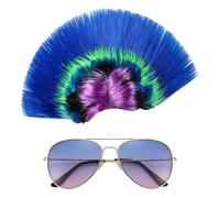 2-Piece Mohawk Wig with Sunglasses, 80s Rocker Punk Costume Set - Rainbow Blue Mohican Hairpiece, Cyberpunk Accessories for Music Festival, Cosplay & Funny Dress-Up