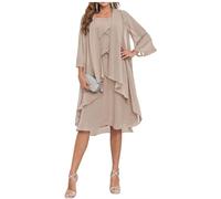 2 Piece Mother of The Bride Dresses with Jacket Tiered 3/4 Sleeve Knee Length Chiffon Beaded Formal Dress Taupe Size 20
