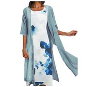 2 Piece Mother of The Bride Dresses Work Dress Midi Dress with Chiffon Cardigan Office Dress Wedding Outfit for Older Ladies Light Blue