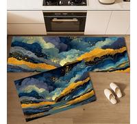 2 Piece Non Slip Gold Leaf Marble Kitchen Mat Uncanny Valley Kitchen Rug Set Washable Runner Rug Set for Dining Room, Entryway and Door 43x75cm+43x120cm Gray Blue