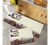 2 Piece Non-Slip Kitchen Mat,Book Read More Books Words Printed on Sketch Background with Colorful Books on a Shelf Multicol,Rubber Backing Doormat Kitchen Floor Mat Runner Rug Set 40x60 cm+40x120 cm