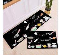 2 Piece Non-Slip Kitchen Mat ,Rubber Backing Doormat Kitchen Floor Mat Runner Rug Set,Waterproof Washable Soft Durable Modern Mats And Rugs ,Geometric Print,(50*80+50*160Cm),Black,50*80+50*160Cm