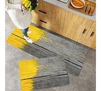 2 Piece Non-Slip Kitchen Mat,Yellow Wooden Board with Yellow Paint Splashes Brush Stroke Grunge Design Elements Yellow Grey,Rubber Backing Doormat Kitchen Floor Mat Runner Rug Set 40x60 cm+40x120 cm