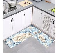 2 Piece Non Slip Kitchen Rug Set 40x60cm+40x120cm, Washable Kitchen Mat Sets, Dining Room, Entryway Runner Rugs Set, Vintage Watercolor Standing Mats Carpets Peony Lily, Light Sky Blue