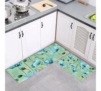 2 Piece Non Slip Kitchen Rug Set 43x75cm+43x150cm, Washable Kitchen Mat Sets, Dining Room, Entryway Runner Rugs Set, Oil Painting Standing Mats Carpets Turquoise Poppies, Green
