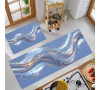 2 Piece Non Slip Kitchen Rug Set 50x80cm+50x150cm, Washable Kitchen Mat Sets, Dining Room, Entryway Runner Rugs Set, Modern Abstract Standing Mats Carpets Metal Waves Beads, Light Blue