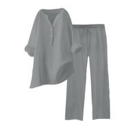 2 Piece Outfit Clearance Women Summer Tracksuit Full Set V-Neck Longsleeve Blouse Top Wide Leg Beach Casual Lang Pants Plain Cotton Linen Loungewear Set Loose Solid Color Button Down Co Ord Sets