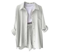 2 Piece Outfits Cotton Linen Shirt and Shorts Co Ord Sets for Women Summer Button Down Long Sleeve Shirt Top and Drawstring Linen Shorts Cotton Co Ord Sets for Women UK Summer 2 Piece Outfits White