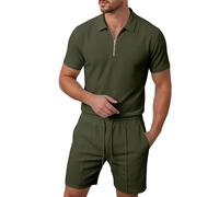2 Piece Outfits for Men Short Sleeve Polo Shirt & Shorts Casual Summer Beach Outfits Quarter Zip Golf Shirts und Pants mit Drawstring Breathable Running Sport Sweat Activewear Tracksuit with Pockets