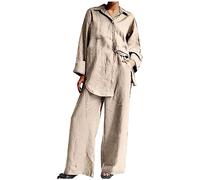 2 Piece Outfits For Women Cotton Linen Casual Sets Long Sleeve Blouse Wide Legs Trousers Button Down Shirts Pants Suit Solid Oversized Blouse Pants Lounge Suits Ladies Baggy Fall Sets Beige XXL