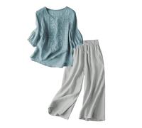 2 Piece Outfits for Women Cotton Linen Embroidered Retro Casual Matching Set 3/4 Sleeve Tops and Wide Leg Capri Pants Sets Summer Autumn Going Out Vacation Travel Clothes