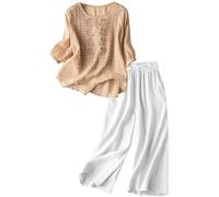 2 Piece Outfits for Women Cotton Linen Embroidered Retro Casual Matching Set 3/4 Sleeve Tops and Wide Leg Capri Pants Sets Summer Autumn Going Out Vacation Travel Clothes