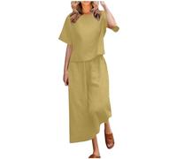2 Piece Outfits for Women Summer Tracksuit Sets Solid Co Ords Loose Fit Round Neck Short Sleeve T-Shirt Cotton Linen Tops and Wide Leg Pants Casual Trousers Lounge Wear Bottoms