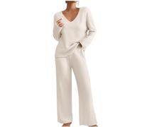 2 Piece Outfits For Women Uk, Ribbed Two Piece Sets, Deep V Neck Long Sleeve Sweater Full Length Wide Leg Trousers Solid Color Co Ord Sets Lightweight Comfy Homewear Trendy Loungewear