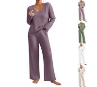 2 Piece Outfits for Women UK, Ribbed Two Piece Sets, Deep V Neck Long Sleeve Sweater Full Length Wide Leg Trousers Solid Color Co Ord Sets Lightweight Comfy Homewear Trendy Loungewear