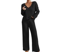 2 Piece Outfits for Women UK, Ribbed Two Piece Sets, Deep V Neck Long Sleeve Sweater Full Length Wide Leg Trousers Solid Color Co Ord Sets Lightweight Comfy Homewear Trendy Loungewear Black