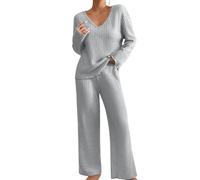 2 Piece Outfits for Women UK, Ribbed Two Piece Sets, Deep V Neck Long Sleeve Sweater Full Length Wide Leg Trousers Solid Color Co Ord Sets Lightweight Comfy Homewear Trendy Loungewear Grey