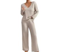2 Piece Outfits for Women UK, Ribbed Two Piece Sets, Deep V Neck Long Sleeve Sweater Full Length Wide Leg Trousers Solid Color Co Ord Sets Lightweight Comfy Homewear Trendy Loungewear Beige