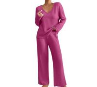 2 Piece Outfits for Women UK, Ribbed Two Piece Sets, Deep V Neck Long Sleeve Sweater Full Length Wide Leg Trousers Solid Color Co Ord Sets Lightweight Comfy Homewear Trendy Loungewear Hot Pink