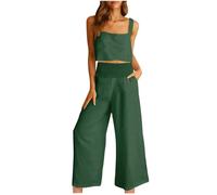 2 Piece Outfits For Women UK Sale Clearance Co Ord Trouser Sets Cotton and Linen Sets Wide Leg Pants For Women Round Neck Crop Basic Top Button Back Tops Women's Linen Trouser Suits With Pockets S-2XL