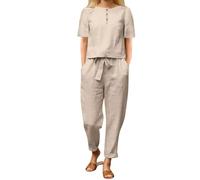 2 Piece Outfits Linen Co Ords Sets Women's Summer Tracksuits Loose Fit-Round Neck Short Sleeve T-Shirt Solid Cotton Linen Tops and Pants Casual Trousers Plus Size Travel Outfit Women Beige