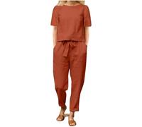 2 Piece Outfits Linen Co Ords Sets Women's Summer Tracksuits Loose Fit-Round Neck Short Sleeve T-Shirt Solid Cotton Linen Tops and Pants Casual Trousers Plus Size Travel Outfit Women