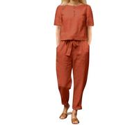 2 Piece Outfits Linen Co Ords Sets Women's Summer Tracksuits Loose Fit-Round Neck Short Sleeve T-Shirt Solid Cotton Linen Tops and Pants Casual Trousers Plus Size Travel Outfit Women Orange
