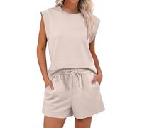 2 Piece Outfits Shorts Women, Round Neck Sleeveless Tops Drawstring Elasticated Waisted Pants with Pockets Lounge Tracksuit for Women Shorts Solid Color Tracksuits Activewear Trendy Streetwear White