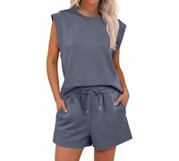 2 Piece Outfits Shorts Women, Round Neck Sleeveless Tops Drawstring Elasticated Waisted Pants with Pockets Lounge Tracksuit for Women Shorts Solid Color Tracksuits Activewear Trendy Streetwear Navy