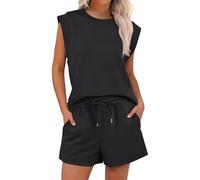 2 Piece Outfits Shorts Women, Round Neck Sleeveless Tops Drawstring Elasticated Waisted Pants with Pockets Lounge Tracksuit for Women Shorts Solid Color Tracksuits Activewear Trendy Streetwear Black