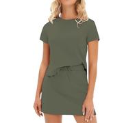 2 Piece Outfits Skirt Women, Full Sets Round Neck Short Sleeve Shirts Drawstring Waist Skirt Co Ord Sets for Women UK Resort Airport Travel Loungewear Outfits Clothing Trendy 2025 Green