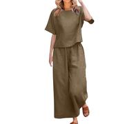 2 Piece Outfits Women Casual, Co Ord Sets for Women UK, Round Neck Short Sleeve Shirts High Elasticated Waist Trousers Wide Leg Full Length Pants Cotton Linen Womens Suits Activewear Streetwear Khaki