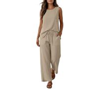 2 Piece Outfits Women Cotton Linen Summer Crew Neck Sleeveless Vest Drawstring Elastic Waist Drawstring Straight Leg Trousers Ladies Relaxed Fit Casual Tracksuit Pockets Work Beach Traveling Suits