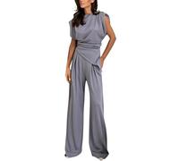 2 Piece Outfits Women Dressy Summer, Round Neck Sleeveless Tops Irregular Hem Tops High Waist Wide Leg Trousers Solid Color Womens Suits Asymmetric Sets Elegant Cocktail Outfits Grey