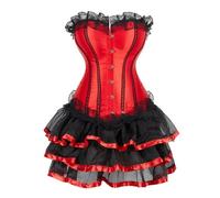 2 Piece Outfits Women Lace Corset Skirt Set Sale Clearance Ladies Steel Boned Bustier with Tutu Skirts Set Off Shoulder Overbust Corsets with Layered Mini Skirt Vintage Goth Dress Cosplay Dresses
