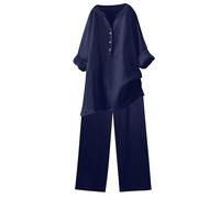 2 Piece Outfits Women Plus Size Linen Long Sleeve Button Down T-Shirts Pants Co Ord Sets Summer Loose Tracksuit Womens Full Set Roll Up Sleeves Casual Trendy Cotton Linen Two Piece Airport Outfit