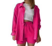 2 Piece Outfits Women Summer Co Ord Sets Long Sleeve Lapel Button Down Shirt and Hot Pants Elastic Waist Shorts Loungewear Sets Ladies Track Suit Travel Airport Outfits Pockets for Holiday Beach Work