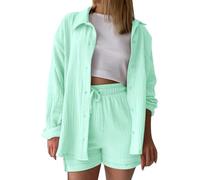 2 Piece Outfits Women Summer Co Ord Sets Long Sleeve Lapel Button Down Shirt And Hot Pants Elastic Waist Shorts Loungewear Sets Ladies Track Suit Travel Airport Outfits Pockets For Holiday Beach Work