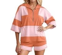 2 Piece Outfits Women Summer Lounge Sets Shorts Co Ord Sets Striped Tracksuit Half Zip Sweatshirt Oversized T Shirts Gym Shorts Travel Outfit Airport Set For Tennis Yoga Casual Beach Khaki,Green,Navy