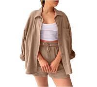 2 Piece Outfits Women Summer Muslin Blouse Shirt and Shorts Two Piece Outfit Co Ord Sets Ladies Lounge Wear Sets Leisure Suits Track Suits Aesthetic Clothes for Going Out Holiday Beach